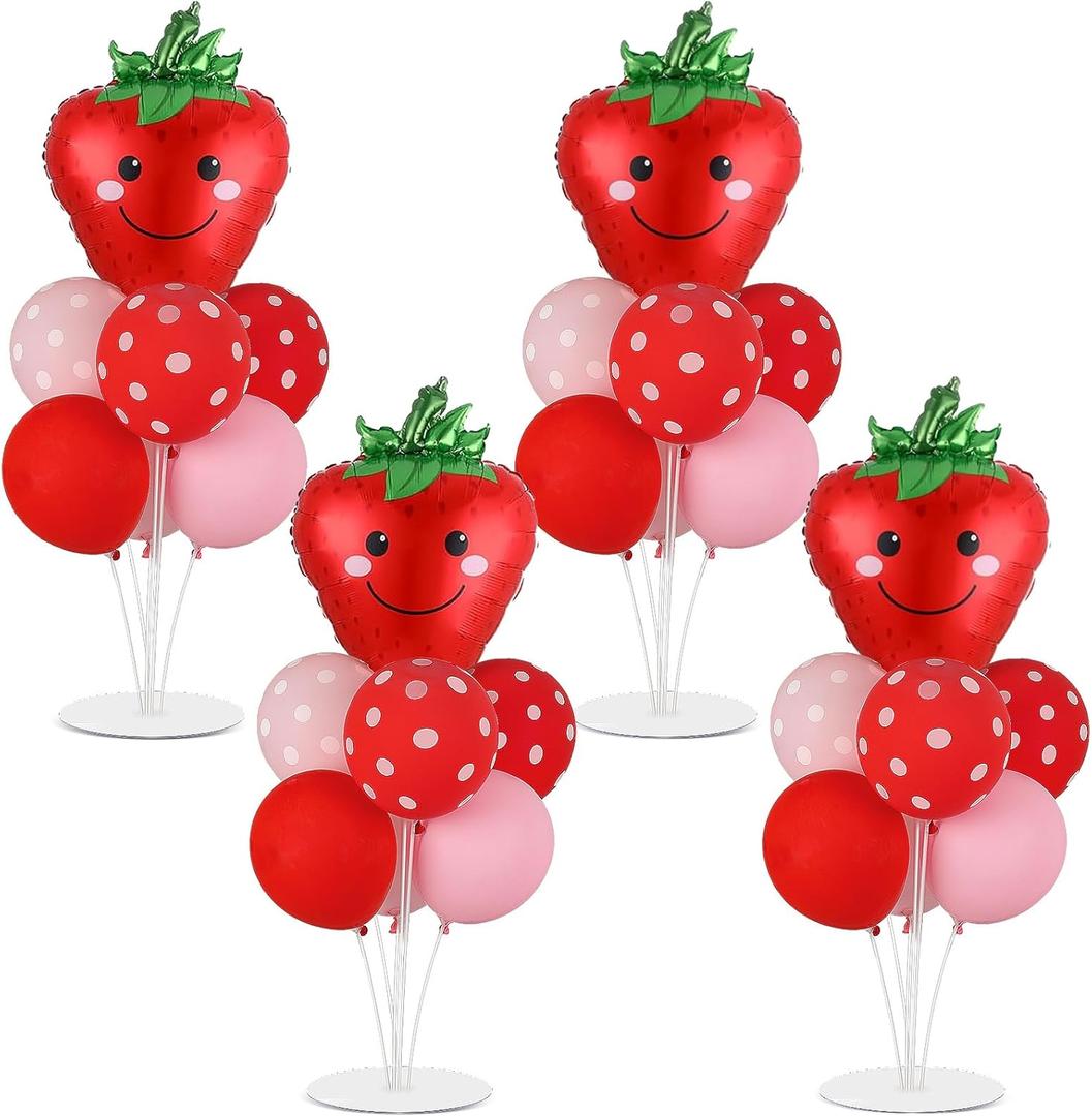 4 Sets Strawberry Party Balloons Stand Kit with Strawberry Foil Balloons Sweet 1st Party Balloon Centerpiece for Tables for Girls Birthday Baby Shower Decoration