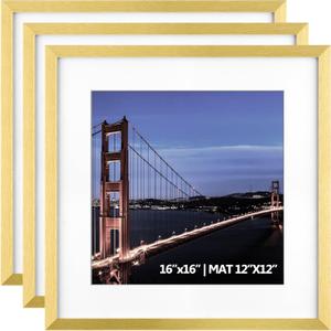 Yaetm 16x16 Gold Picture Frame Matted to 12x12, Set of 3, Thin Square Frame for Gallery Wall Display, Hanging Hardware Included (3 Pack, Gold)