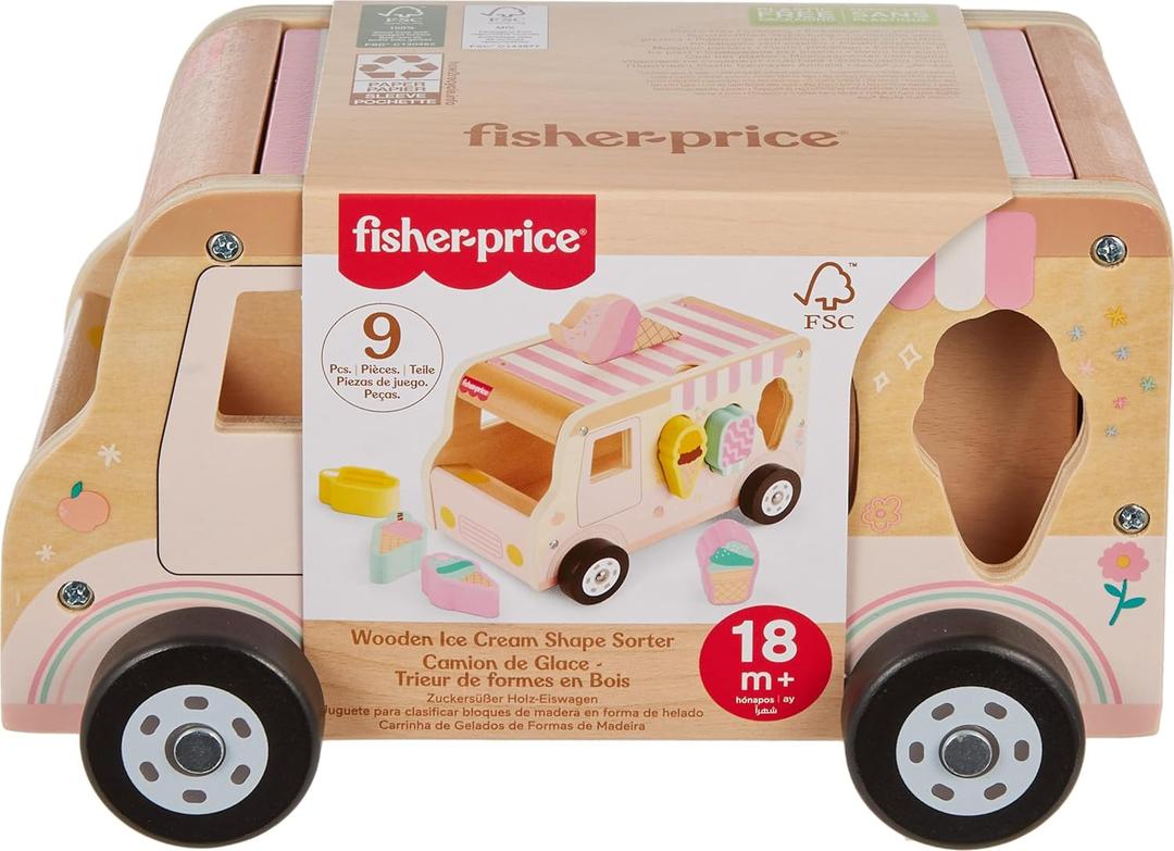 Fisher-Price Wood Toddler Toy Ice Cream Truck Shape Sorter Set, 9 Wooden Pieces for Developmental Play Kids Ages 18+ Months