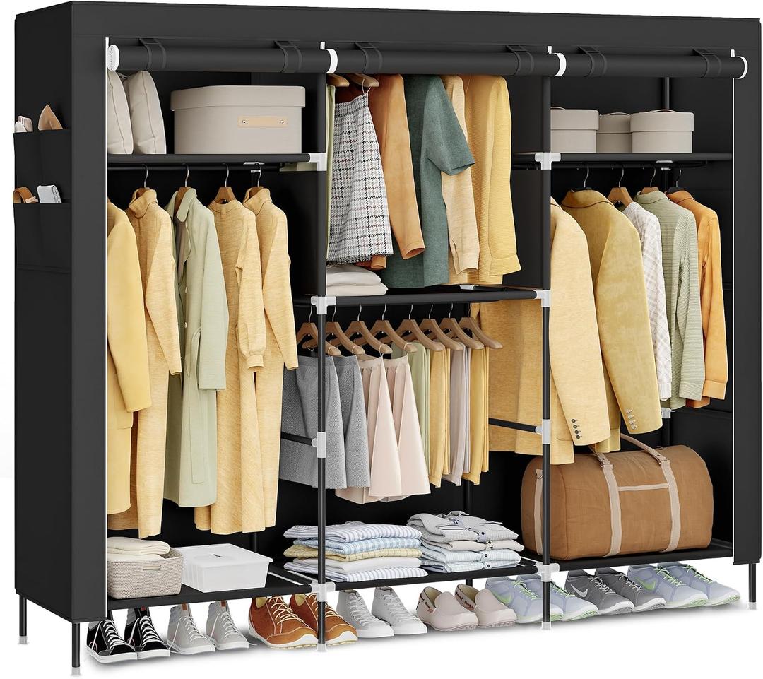 SONGMICS Portable Closet, Fabric Wardrobe, Clothes Rack with Shelves, Pockets, Large Capacity, 4 Hanging Rods, 74.4 x 17.7 x 70.9 Inches, Black URYG011BZ02, 3 Tiers