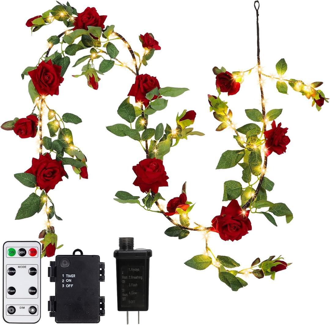 Artificial Rose Vines with Lights Decor, 6ft Red Rose Garland with Remote Control for Wedding Decor - 19 Fake Silk Roses Flowers 80pcs Warm White Led - Fairy Light with Vines for Home Room Party Shelf