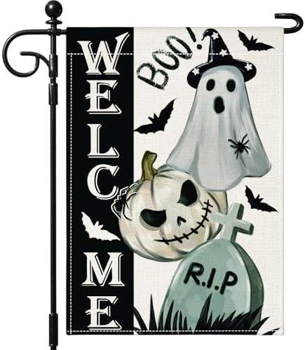 Pack of 4 Artscope Halloween Ghost Pumpkin Tombstone Welcome Garden Flag 12x18 Inch Double Sided, Thanksgiving Seasonal Outdoor Fall Flag for Yard Farmhouse Holiday Decoration