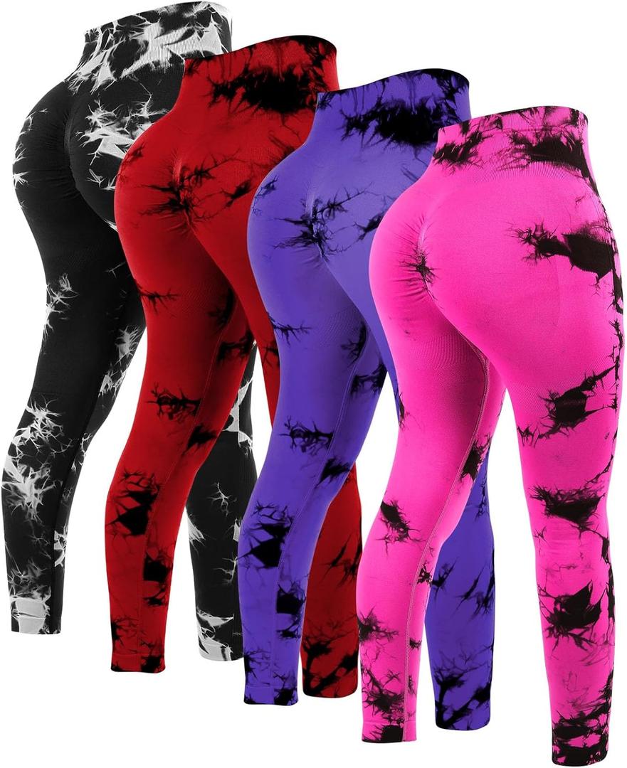 Mumucove 4 Pcs Womens Workout Leggings Tie Dye High Waisted Yoga Pants Seamless Scrunch Butt Lifting Compression Tights(X-Large, Black, Red, Rose Red, Purple)