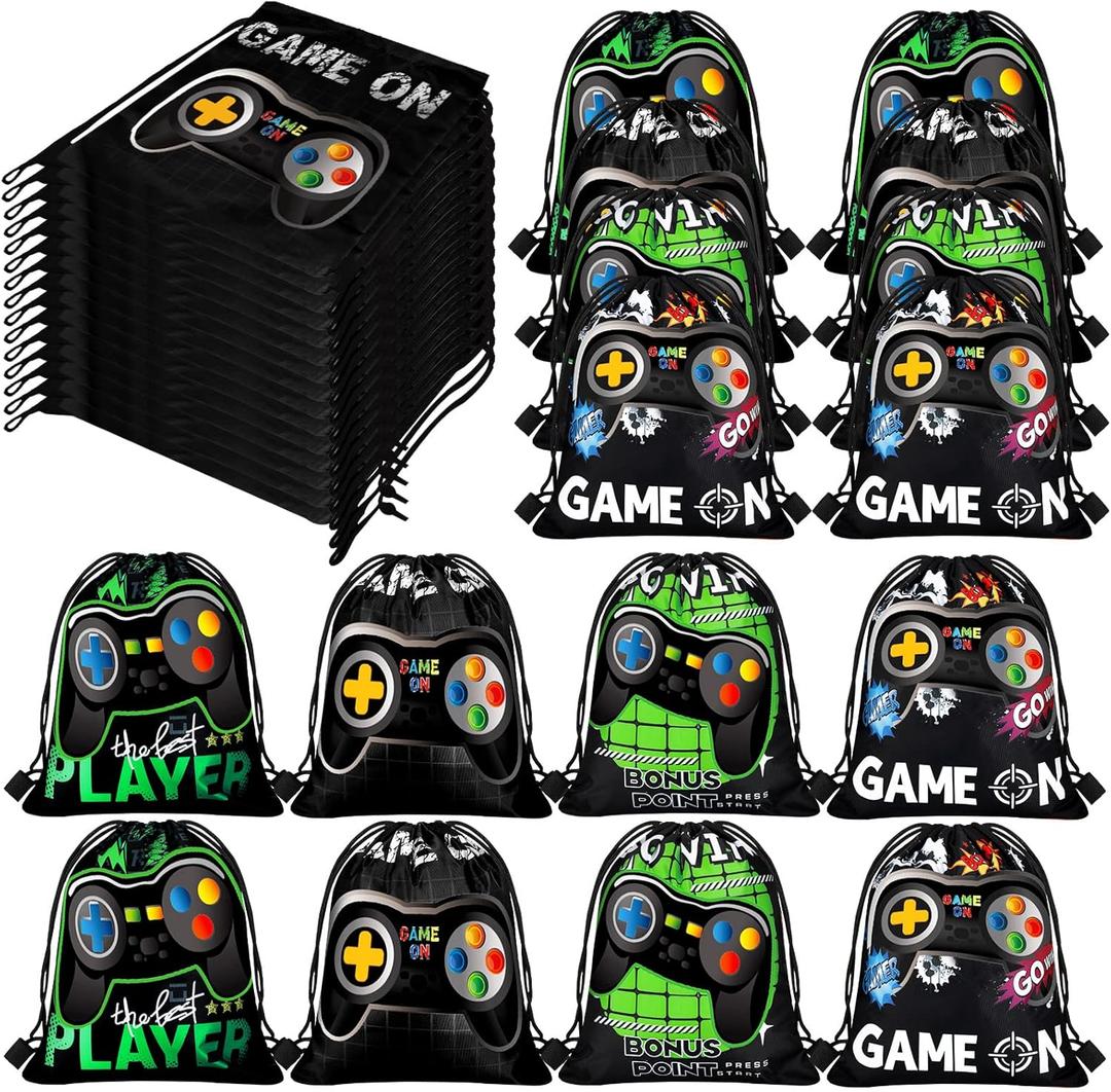 Shappy 15 Packs Video Game Party Favors Gaming Drawstring Bags 12 x 10 Inch Gamer Goodie Bags Treat Candy Party Supplies Gifts for Boys Girls Kids Birthday
