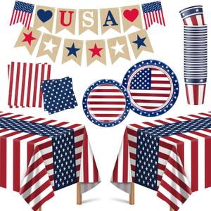 OHOME 4th of July Decorations - Serve 24 - Patriotic Plates Tablecloth Napkins Cups Banner | Fourth of July Accessories for Home Outdoor | American Flag Party Supplies