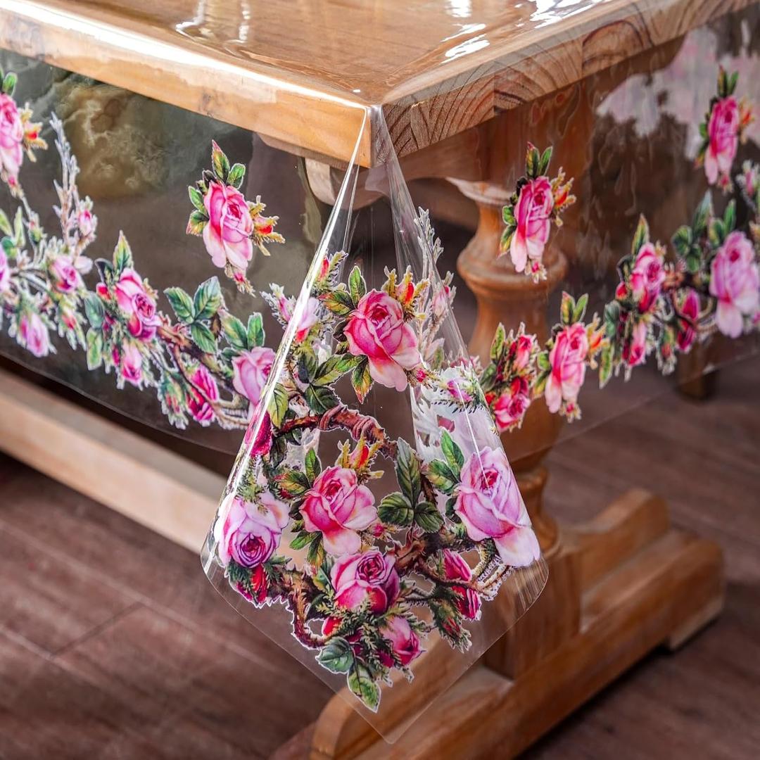 ARTABLE Clear Table Cover Protector Vinyl PVC Rectangle Table Cloth with Floral Print Pattern Oil Proof Wipe-able Plastic Tablecloths for Dining Tables Parties Holidays (Rose, 55 x 84 Inches)