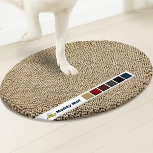 Muddy Mat® Shown on TV – Super Absorbent Microfiber Dog Door Mat for Muddy Paws, Non-Slip Washable Pet Rug, Quick Dry Chenille Entryway Carpet,Machine Washable Indoor Outdoor Mat, Beige Oval 6ft x 9ft