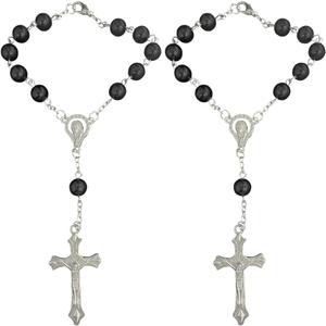 2PCS Rosary for Rearview Mirror, Black Rosary Pendant Car Interior Rear View Mirror Charm Auto Decor, Medal and Cross Personalized Hanging Accessories for Women Men