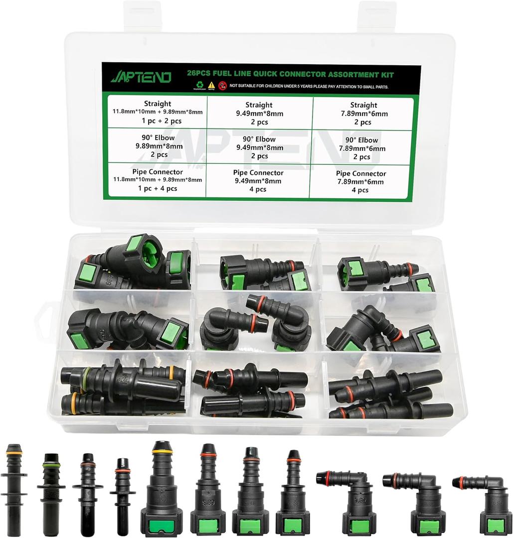 26pcs Fuel Line Quick Connect Assortment Kit, 11 Sizes Fuel Line Repair Kit Straight Elbow Pipe Connector Fittings SAE 7.89mm to 11.8mm