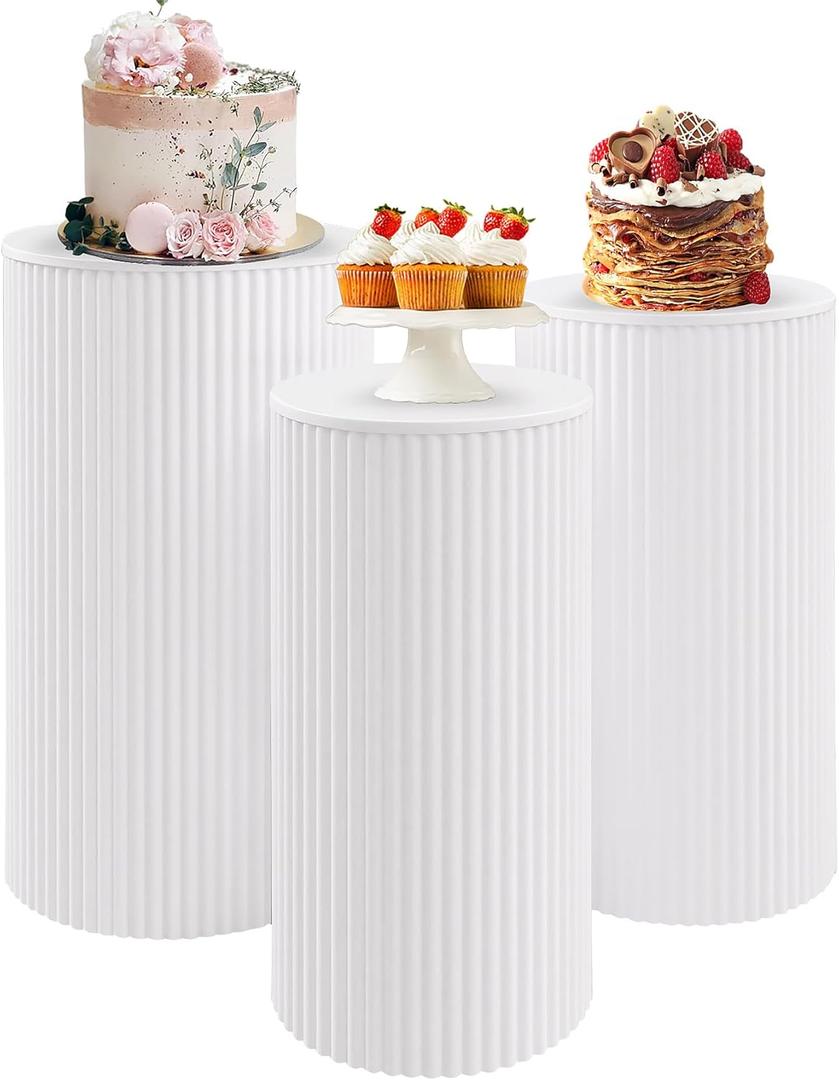 Metal Pleated Cylinder Pedestal Stands for Party, 3 Pieces Heavy Duty Round Cake Pedestal Stand Display Plinth Pillars Art Decor for Wedding Ceremony Birthday PartySmall, White (L:23.82"x12.6", M:21.85"x11.02", S:19.88"x9.45")