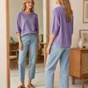 Fanway&EC Women's Casual Summer Tops 3/4 Sleeve Crew Neck T Shirts Loose Fit Tunic Blouses Tee (Purple, XXL)