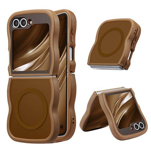 UEEBAI Magnetic for Samsung Galaxy Z Flip 5/Z Flip 6/7 FE Case, Compatible with MagSafe, Transparent Clear Wave Frame Design Soft Edge Cover Matte Shockproof Phone Case- Gold