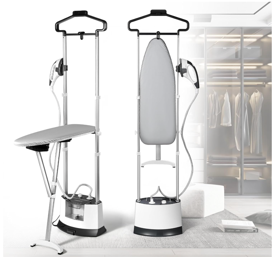 Professional Standing Garment Steamer for Clothes Steamer and Dry Iron | Quick 25s Heat-Up, 1-Hour Powerful Steam, with Flat & Hanging Folding Ironing Board, Fabric Brush and Ironing Gloves
