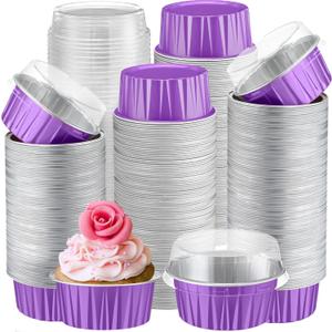 Gejoy 400 Pcs Aluminum Foil Baking Cups with Lids 5 oz Disposable Ramekins Mini Cake Pans Creme Brulee Cupcake Liners Muffin Tins Flan Mold Dessert Container for Wedding(Purple,Classic)