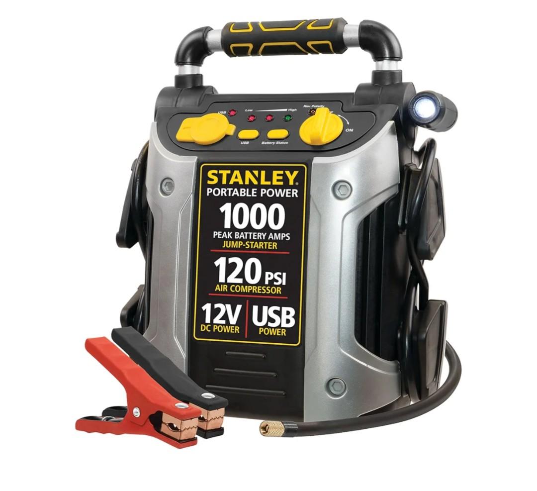 STANLEY J5C09 1000 Peak Amp Automotive Jump Starter, Portable Power – 2.1A/10W USB Port, 12V Outlet, 120 PSI Air Compressor for Tires, Bikes & Sports Equipment