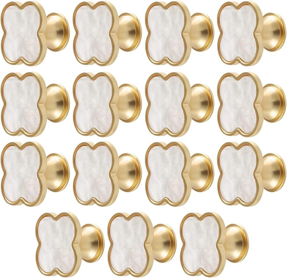 15 Pcs Clover Knobs Four Leaf Clover Handle, Creative Cabinet Drawer Pulls Gold Knobs for Furniture Dresser Wardrobe Bathroom Decorative Pulls Zinc Alloy Single Hole Door Handle (White)