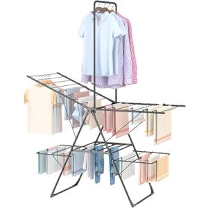 Bigzzia Clothes Drying Rack Foldable, 3-Level Large Laundry Drying Rack Collapsible, Stainless Steel Drying Rack Clothing for Indoor Outdoor, Easy to Fold, Drying Rails 68.9" H, Gray