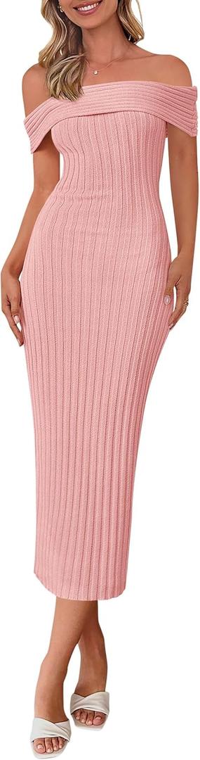 PRETTYGARDEN Summer Dresses for Women Formal Off The Shoulder Midi Bodycon Ribbed Knit Spring Wedding Guest Dress (Pink,Large)
