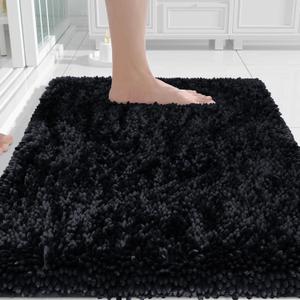 Yimobra Chenille Bathroom Rugs Non Slip, Extra Thick Soft Absorbent Bath Rug 24x17 Inch, Machine Washable Quick Dry Bath Mat for Bathroom Floor, Tub and Shower, Home Decor Accessories, Black