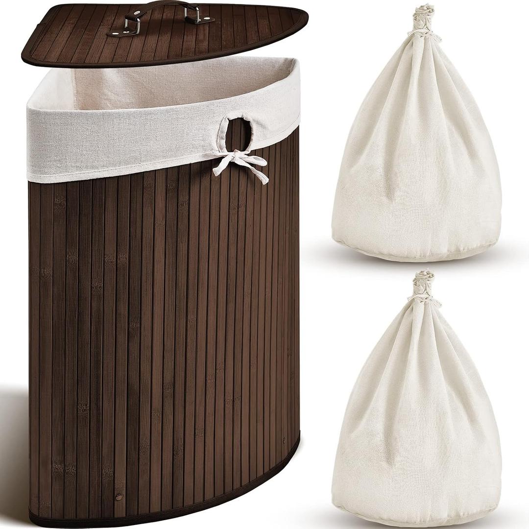 Gueevin Corner Bamboo Laundry Hamper with Lid and Removable Liner Corner Bamboo Laundry Basket with Handle Washing Clothes Basket Storage Bin for Bedroom Bathroom(Brown,Vertical Slatted), 14 x 14 x 24 inches