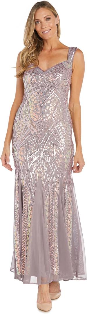 R&M Richards Women's Geometric Beaded Formal Gown | Sleeveless Sweetheart Neckline Maxi Dress | Evening Cocktail Party Attire (Pink), Size 8