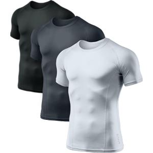 ATHLIO Men's Cool Dry Short Sleeve Compression Shirts, Sports Baselayer T-Shirts Tops, Athletic Workout Shirt, 3pack Tops Black/Charcoal/White, XX-Large