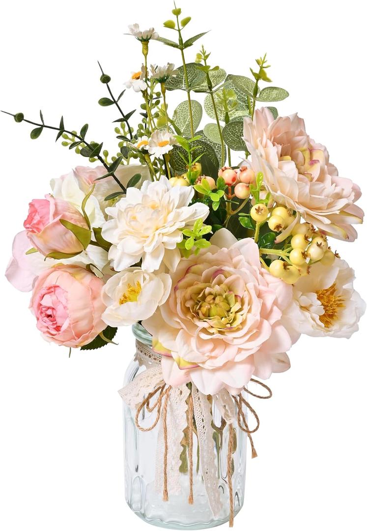 LUEUR Artificial Hydrangea in Vase for Home Decor, Fake Silk Pink Flower Bouquet Artificial Flowers with Pot, Faux Dahlia Arrangement for Fall Spring Living Room, Centerpiece Table Decorations