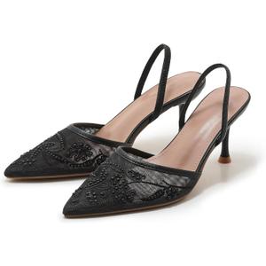 Embroidered Mesh Slingback Heels for Women White Pearl Kitten Heel Pumps Pointed Toe Backless Wedding Shoes (8, Black)