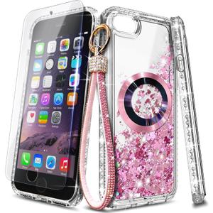 NGB Designed for iPhone 8 Plus & iPhone 7 Plus/6 Plus/6S Plus Case, Rose Gold | Magnetic Compatible with MagSafe | Glitter Liquid Cute Cover for Women Girls | with Screen Protector & Wrist Strap