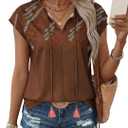 SHEWIN Womens Blouses Boho Summer Tops Cap Short Sleeves V Neck Chiffon Casual Elegant Geometric Printed Shirts (Brown, L)