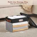 Fabric Clear Window Storage Bins with Lid, Closet Storage Box Linen Closet Baskets with 3 Handles for Organizing Clothing, Jeans, Shelves 15''- 3 Pack (Gray and Black)