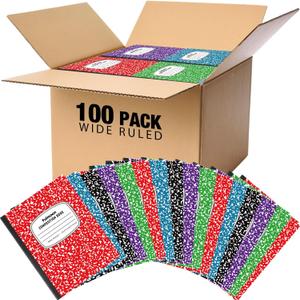 Fulmoon 100 Pcs Composition Notebooks Wide Ruled, Comp Book, 10.12"x 7.2", 30 Sheets Per Comp Book, Black Purple Blue Red Green, Marble Notebooks for School Home Office