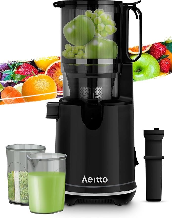 Aeitto Masticating Juicer, Juicer Machines with 5.3" Large Feed Chute,1.7L Large Capacity, 250W Whole Slow Juicer for Vegetable and Fruit, High Juice Yield, Easy to Clean with Brush, Black