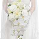 Rinlong 11" Wide White Orchid Cascading Wedding Bouquet - Real Touch Silk Cascade Bridal Bouquet