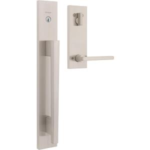 Kwikset Caerus Front Door Lock Handle and Deadbolt Set, Entry Handle set Exterior with Interior Lever, Satin Nickel, Smart Key Re-Key Security, with KwikSlide, Door Handle Backplate Full Escutcheon