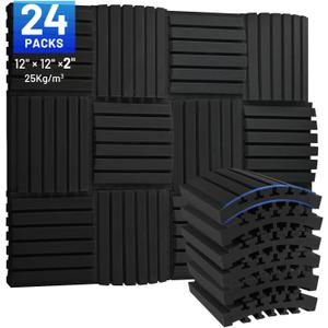 24Packs Curved Sound Proof Foam Panels for Walls, 2" Acoustic Panels Sound Absorbing Dampening, Soundproofing Noise Reducing Cancelling Treatments for Home Office Recoding Studio Decor, 2x12x12" Black