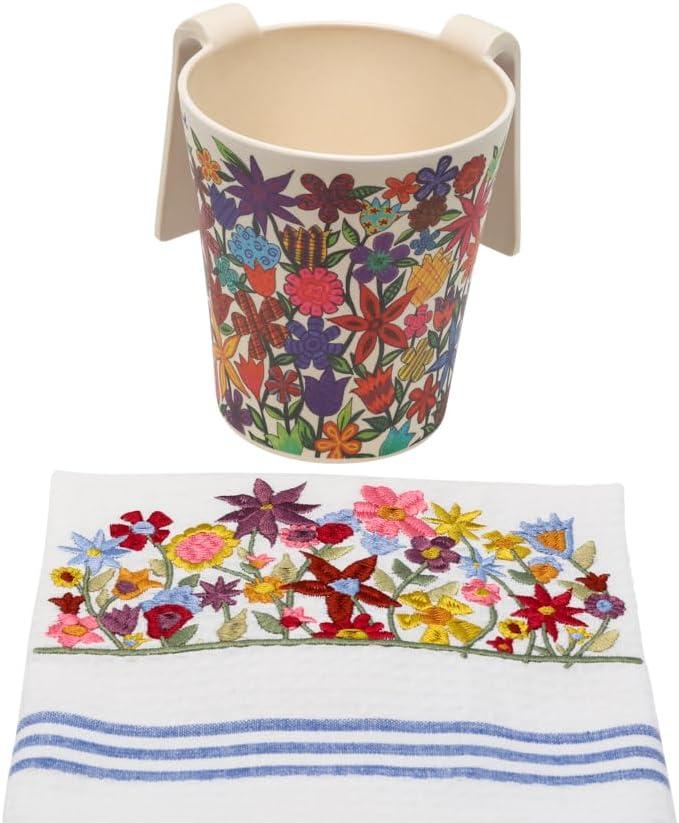 Yair Emanuel Natla Hand Washing Cup with Matching Towel for Netilat Yadayim Melamine - Jewish Judaica Gift (Flowers NYOTT-4)