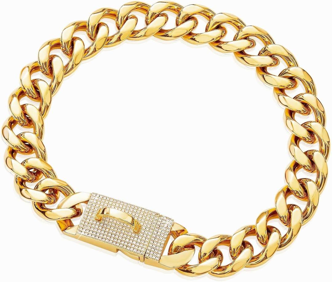 Gold Chain Cuban Link Dog Collar with CZ Lock,19mm Width Stainless Steel Personalized Luxury Necklace Dog Collar for Large Medium Dogs