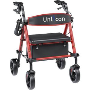 Rollator Walkers with Seat, Rollator Walker with Durable, 8'' Big Wheels, 350 lb. Weight Capacity, Adjustable Handles and Seat Height Lightweight Rolling Walker for Seniors-Red