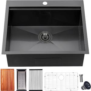 25 Inch Black kitchen Sink Drop in - 25"x22" Topmount Ledge Workstation Kitchen Sinks 16 Gauge Handmade Stainless Steel Single Bowl Sink with All Accessories for Kitchen Laundry Utility