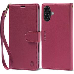 FLIPALM Wallet Case for iPhone 17 Series with Wrist Strap - PU Leather Folio Flip with Credit Card Holder & Kickstand, Protective Cover (Red, for iPhone 17)