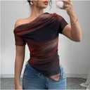 Women's Off The Shoulder Tie Dye Ombre Mesh T Shirt Short Sleeve Asymmetrical Ruched Crop Tops (Brown, S)