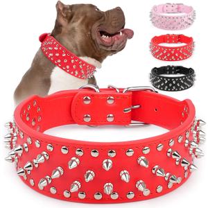 Epesiri Adjustable Wide Spiked Dog Collar, Mushroom Rivet PU Leather Cat Dog Collars, Durable Spike Studded Pet Collar for Small Medium Large Breed, Pitbull Mastiff Bulldog Pugs Husky Rottweiler, Red, Small