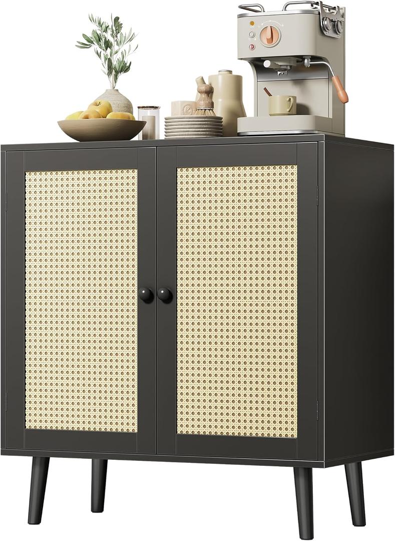 Huuger Buffet Cabinet with Storage, Storage Cabinet with Synthetic Rattan Decor Doors, Solid Wood Feet, for Hallway, Entry, Living Room, Black