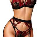 RSLOVE Women Lingerie Sets with Garter Belt 3 Piece Lace Teddy Babydoll Bodysuit(S, Black & Red)