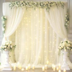 30x10ft Ivory Tulle Backdrop Curtain with Lights String for Parites, Sheer Backdrop Curtains for Wedding Baby Shower Birthday Party Photo Shoot Decorations (30ft x 10ft(6 Panels 5*10ft))