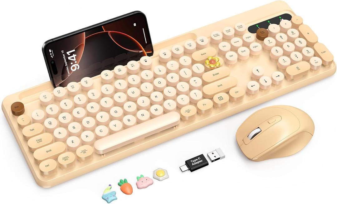 Wireless Keyboard and Mouse Combo, Retro Round Keycaps, Full-Size Stylish Typewriter Keyboard with Phone/Tablet Holder, Ergonomic Mouse with 3-Level DPI, 2.4GHz Connection for Windows/PC (Milk-Tea)