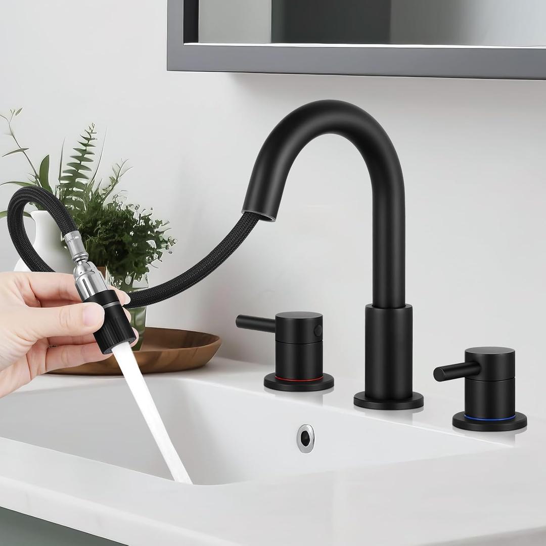 Pull Down Bathroom Faucet for Sink 3 Hole,8 inch Widespread Matte Black Bathroom Sink Faucet with Pop Up Drain, Water Supply Hoses