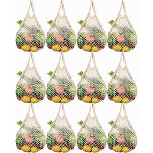 Eccliy 12 Pcs Reusable Mesh Grocery Bags Portable Cotton Produce Containers Washable Net Mesh Tote Bag Handle String Shopping(Beige)