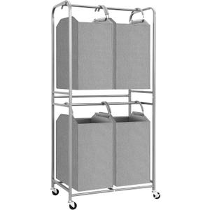 STORAGE MANIAC 4 Section Vertical Laundry Hamper, 2 Tier Laundry Sorter with 4 Removable Tote Bags, Rolling Clothes Basket for Towels, Blankets, Tall Dirty Clothes Hamper for Closet, Bathroom, 4 Bags